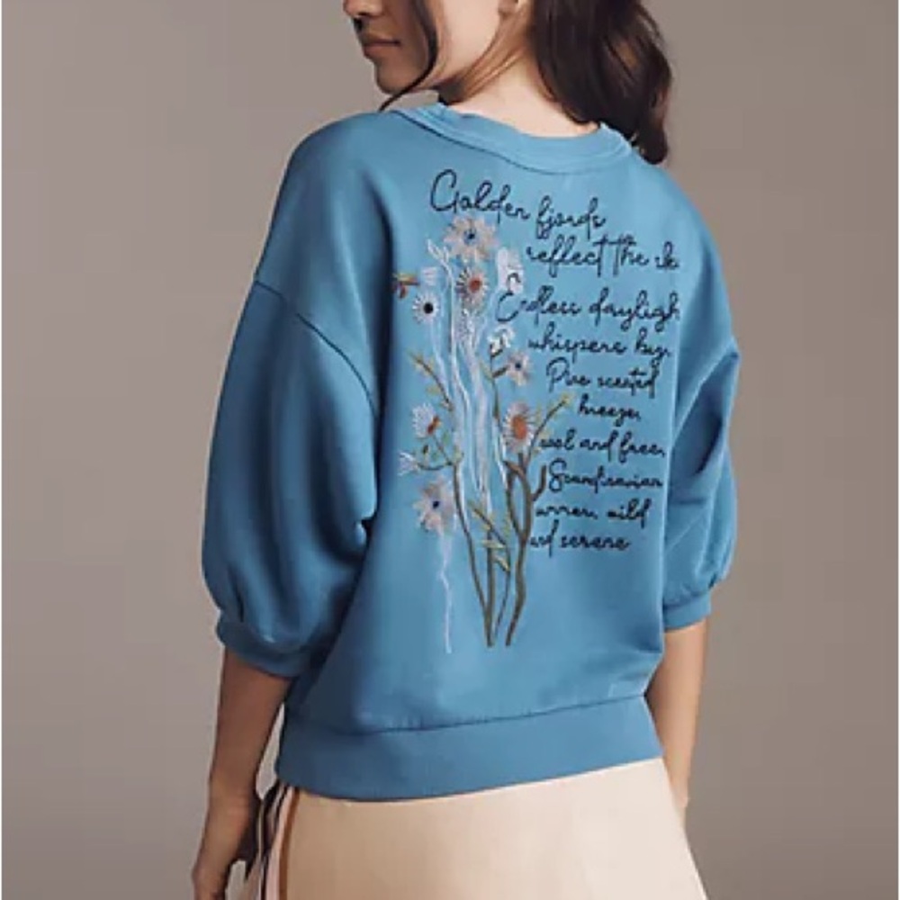 Anthropologie Blue Embroidered Sweatshirt